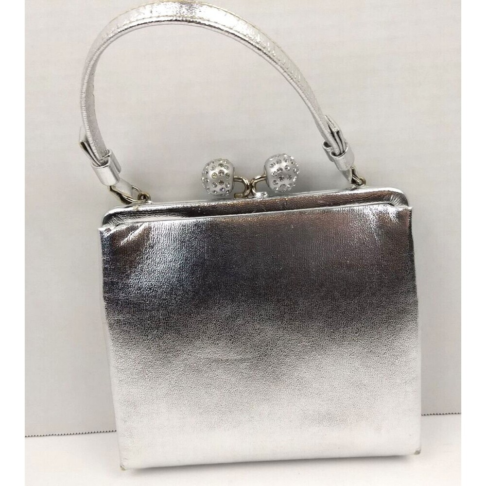 Vintage AFTER FIVE Silver Evening Clutch Hand Bag Rhinestone Orbs Kiss‎ Lock
